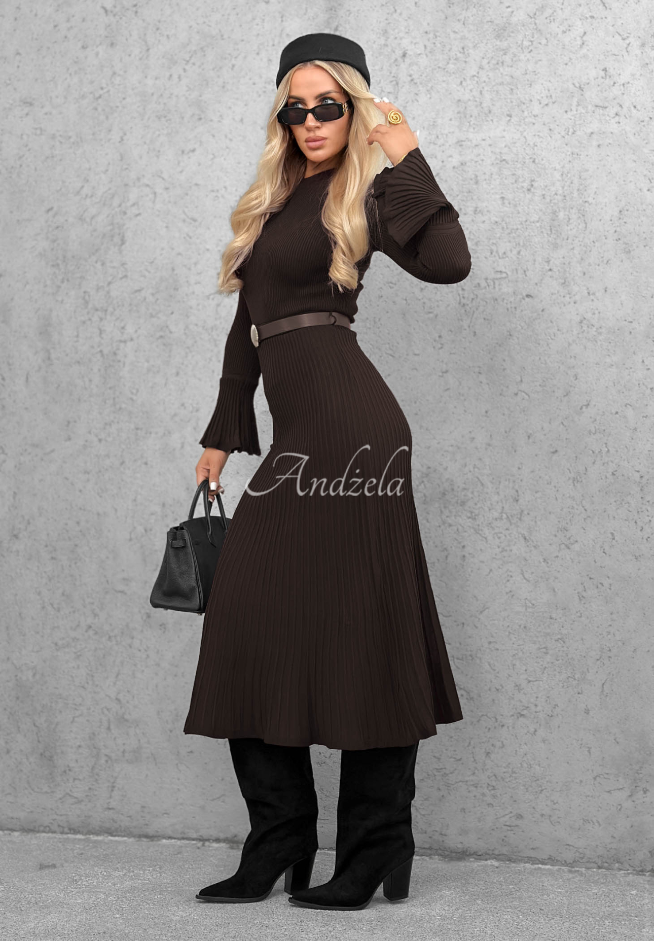 Lovely Day Chocolate-Colored Viscose Long-Sleeve Bell-Sleeve Midi Dress