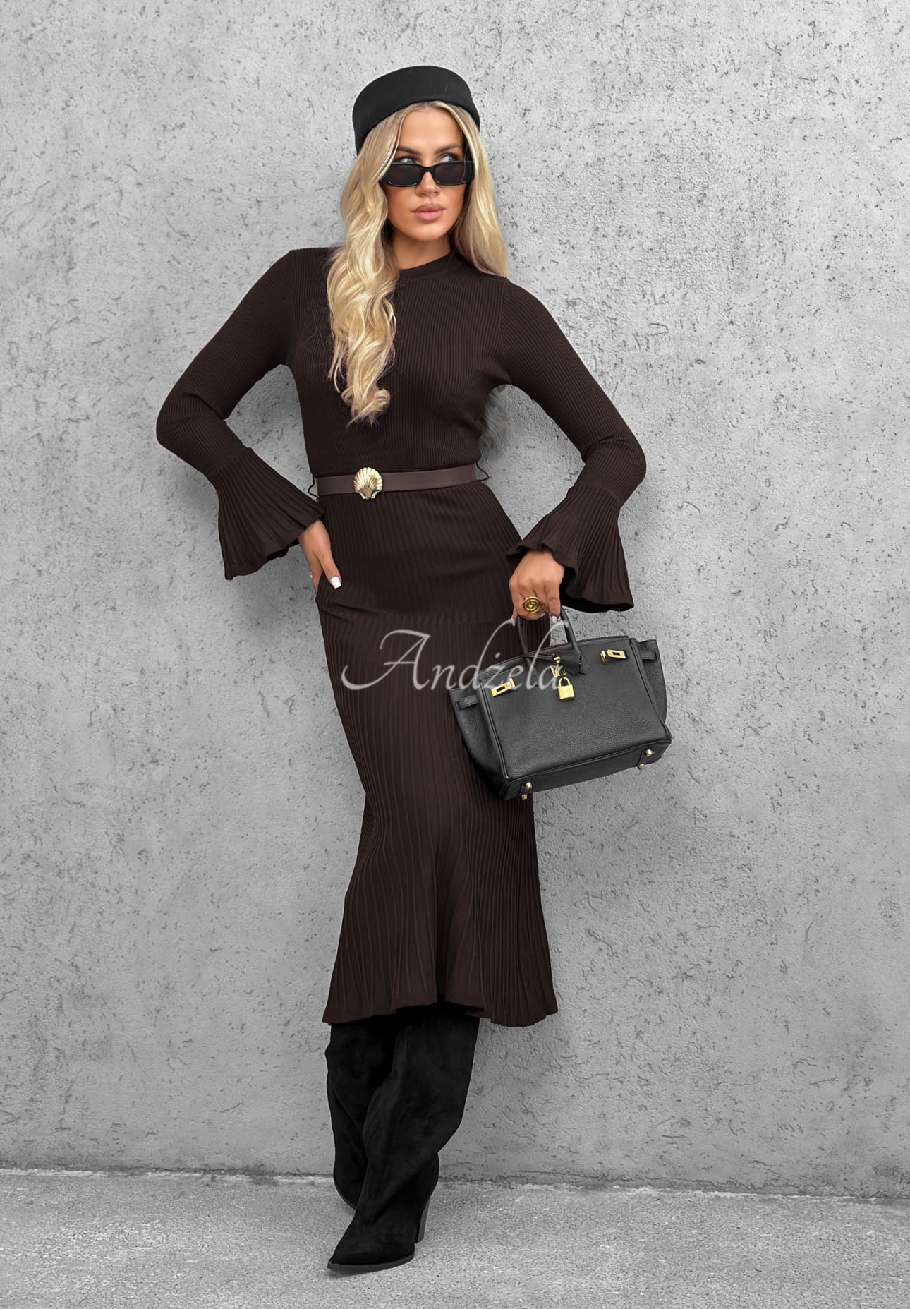 Lovely Day Chocolate-Colored Viscose Long-Sleeve Bell-Sleeve Midi Dress