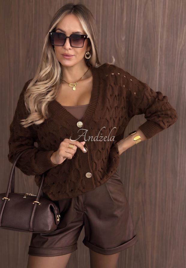 Kr&oacute;tki ażurowy kardigan z zapięciem Knit Haven camelowy