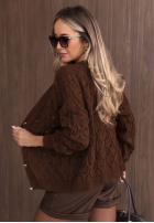 Krótki ażurowy kardigan z zapięciem Knit Haven camelowy