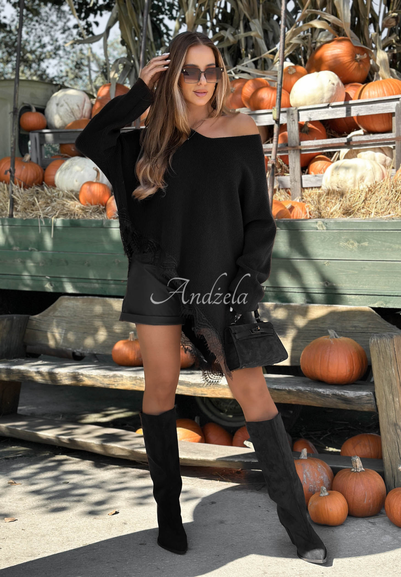 Secret Desire Asymmetrical Sweater with Lace, Black