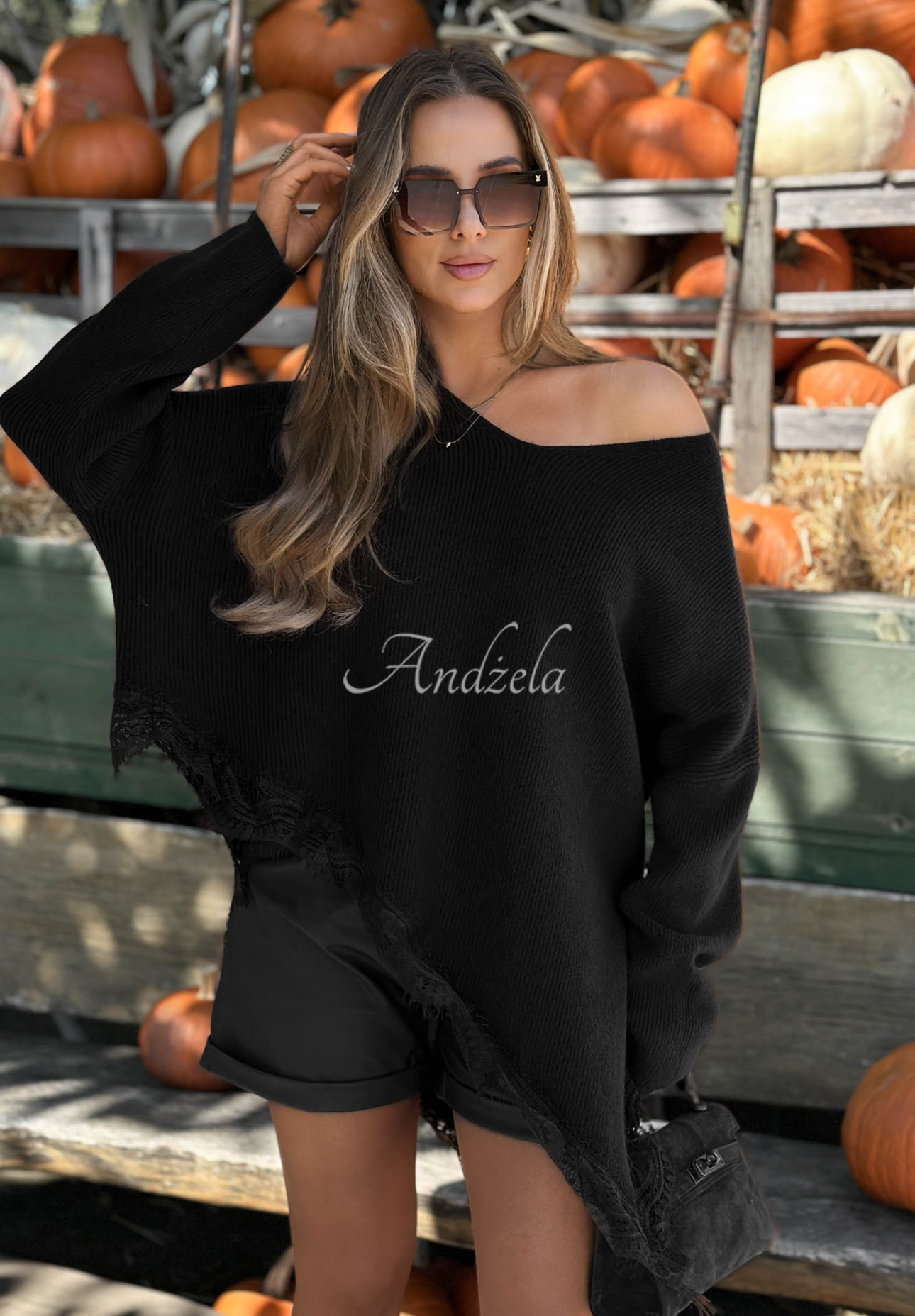 Secret Desire Asymmetrical Sweater with Lace, Black