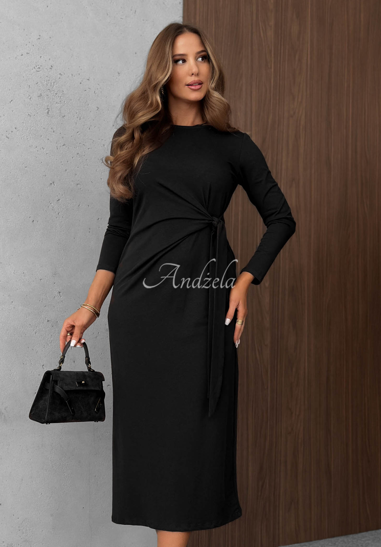 Misty Memories Black Long-Sleeve Cotton Dress with Tie Detail