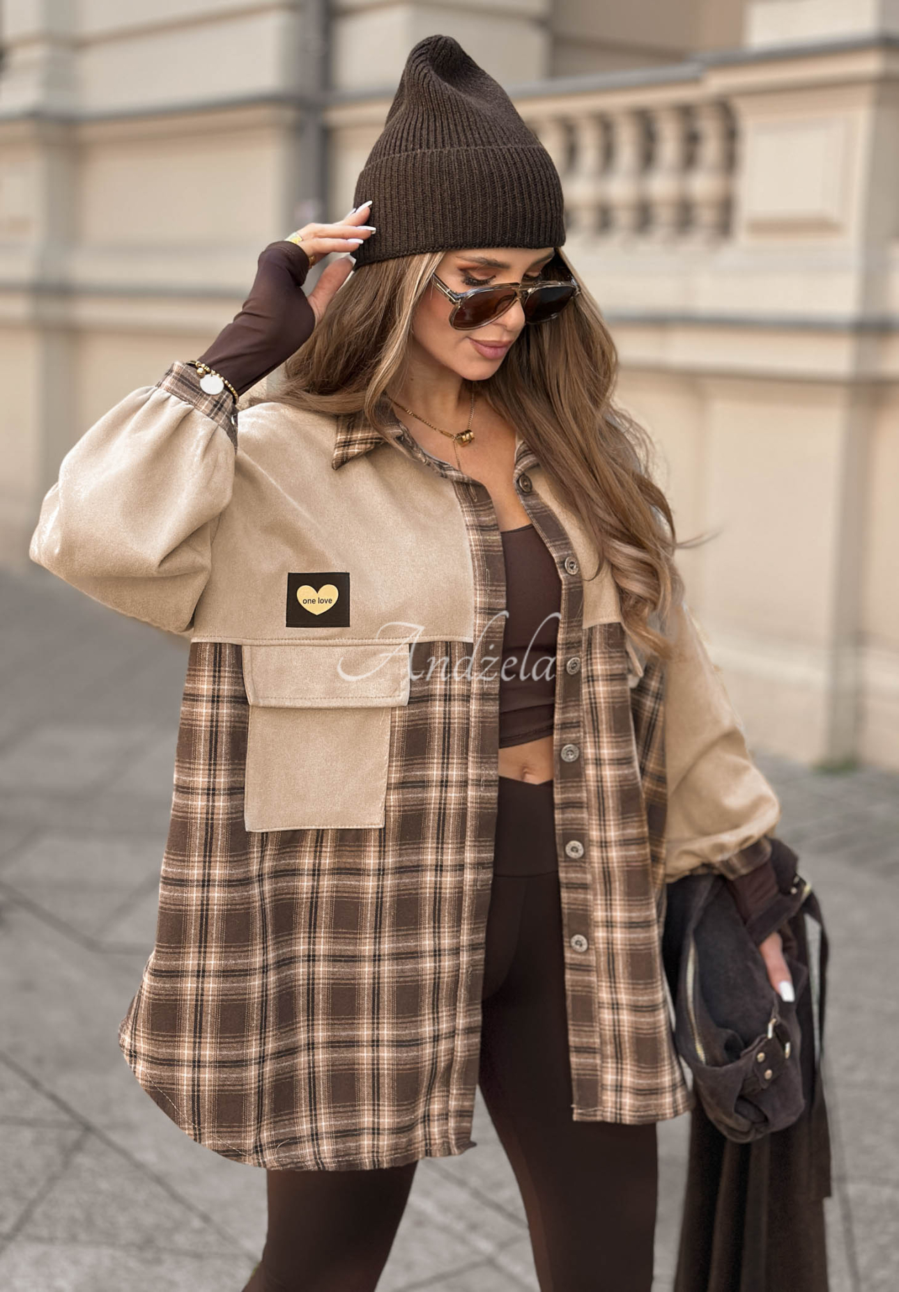 Rainy Rhythm Long Camel Suede Checkered Shirt
