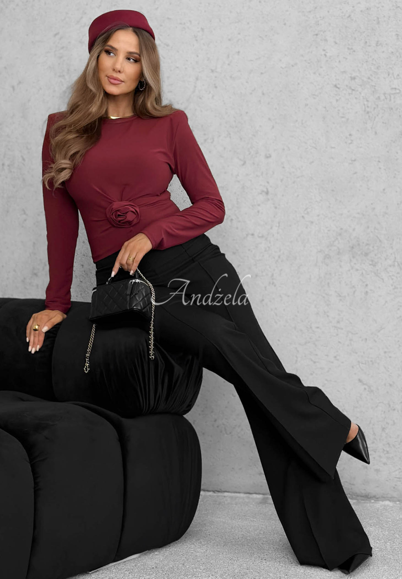 One Second Burgundy Long-Sleeve Blouse with a Rose