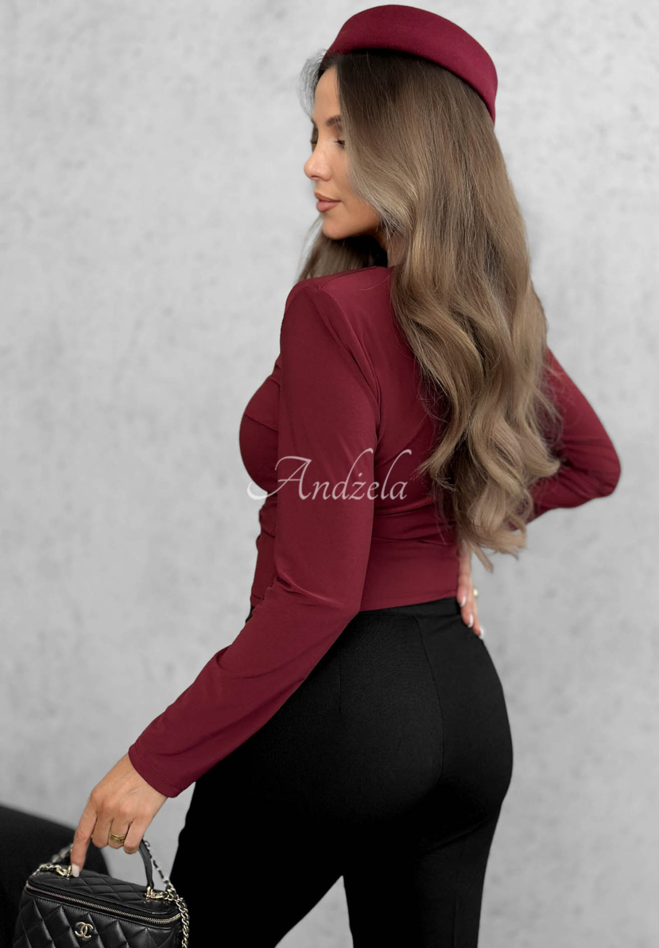 One Second Burgundy Long-Sleeve Blouse with a Rose