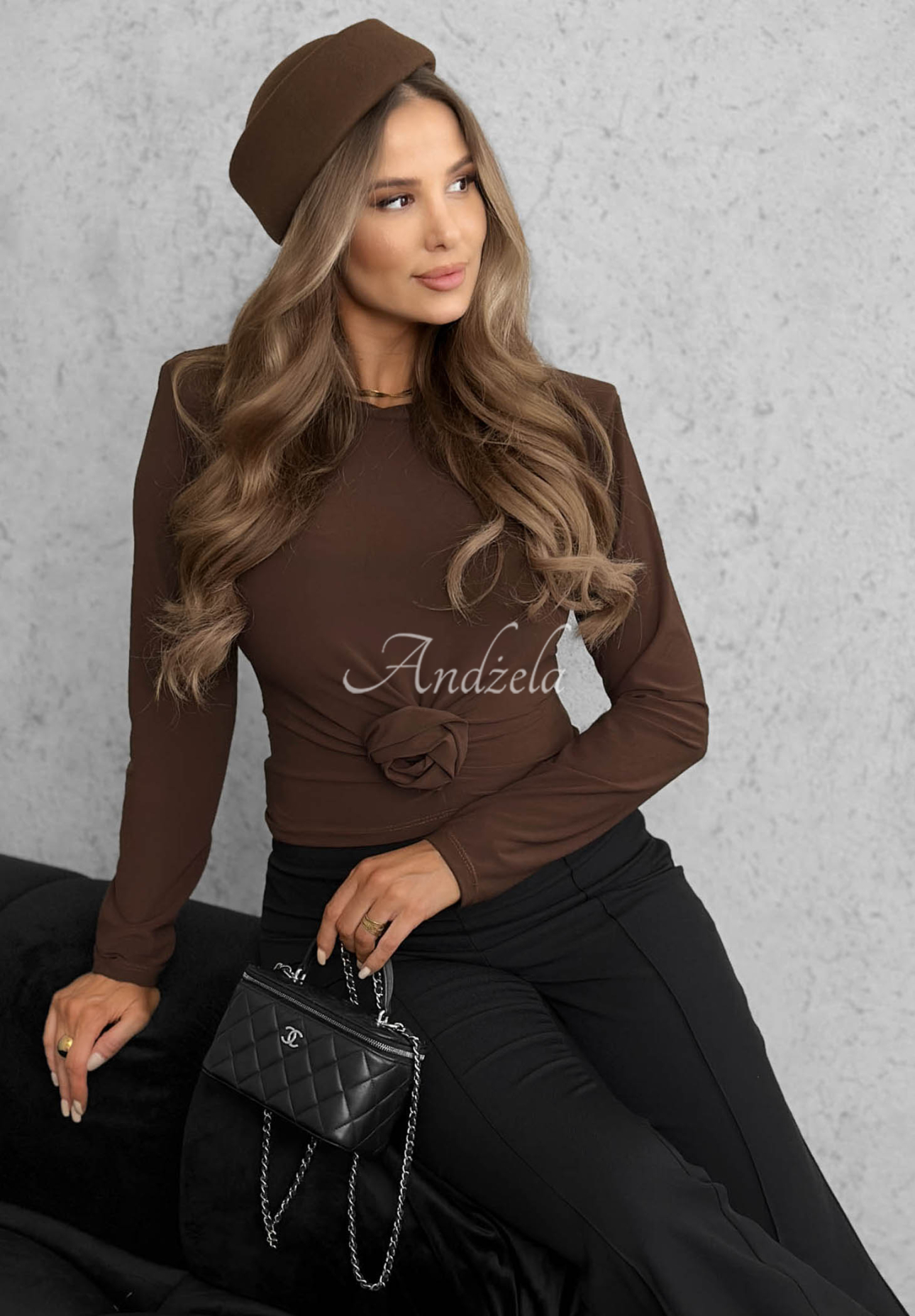 One Second Long-Sleeve Blouse with a Rose, Chocolate Brown