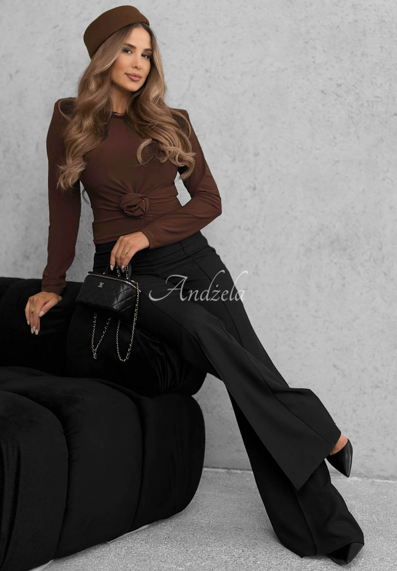 One Second Long-Sleeve Blouse with a Rose, Chocolate Brown