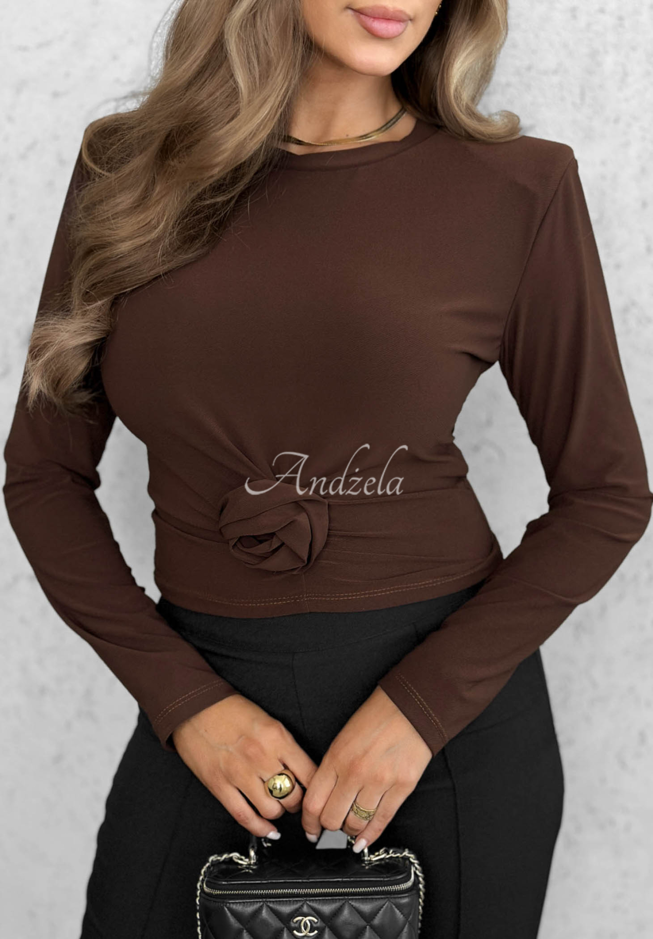 One Second Long-Sleeve Blouse with a Rose, Chocolate Brown