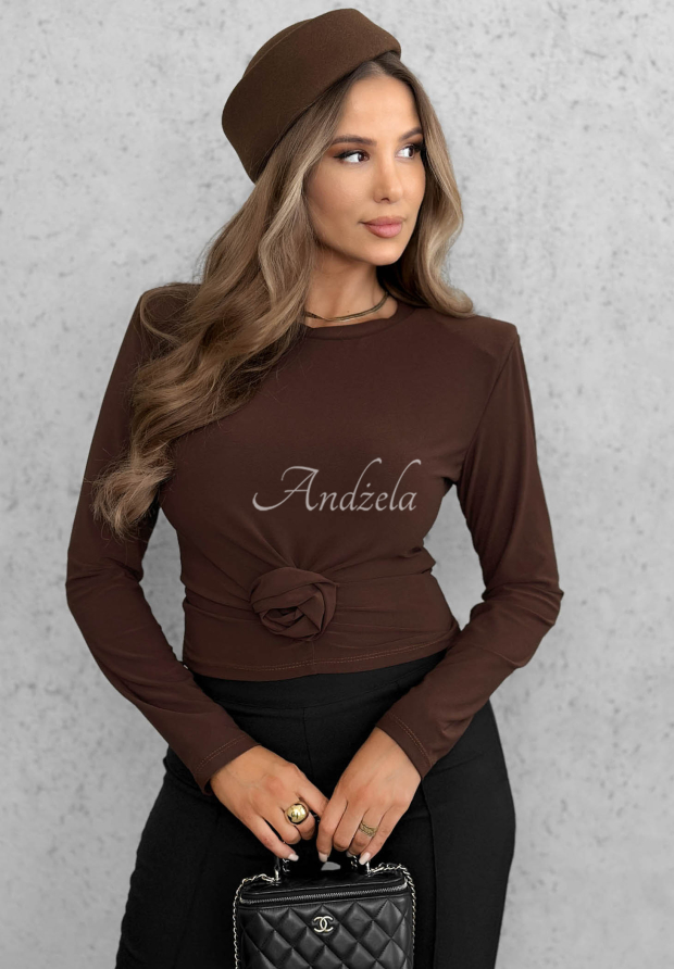 One Second Long-Sleeve Blouse with a Rose, Chocolate Brown
