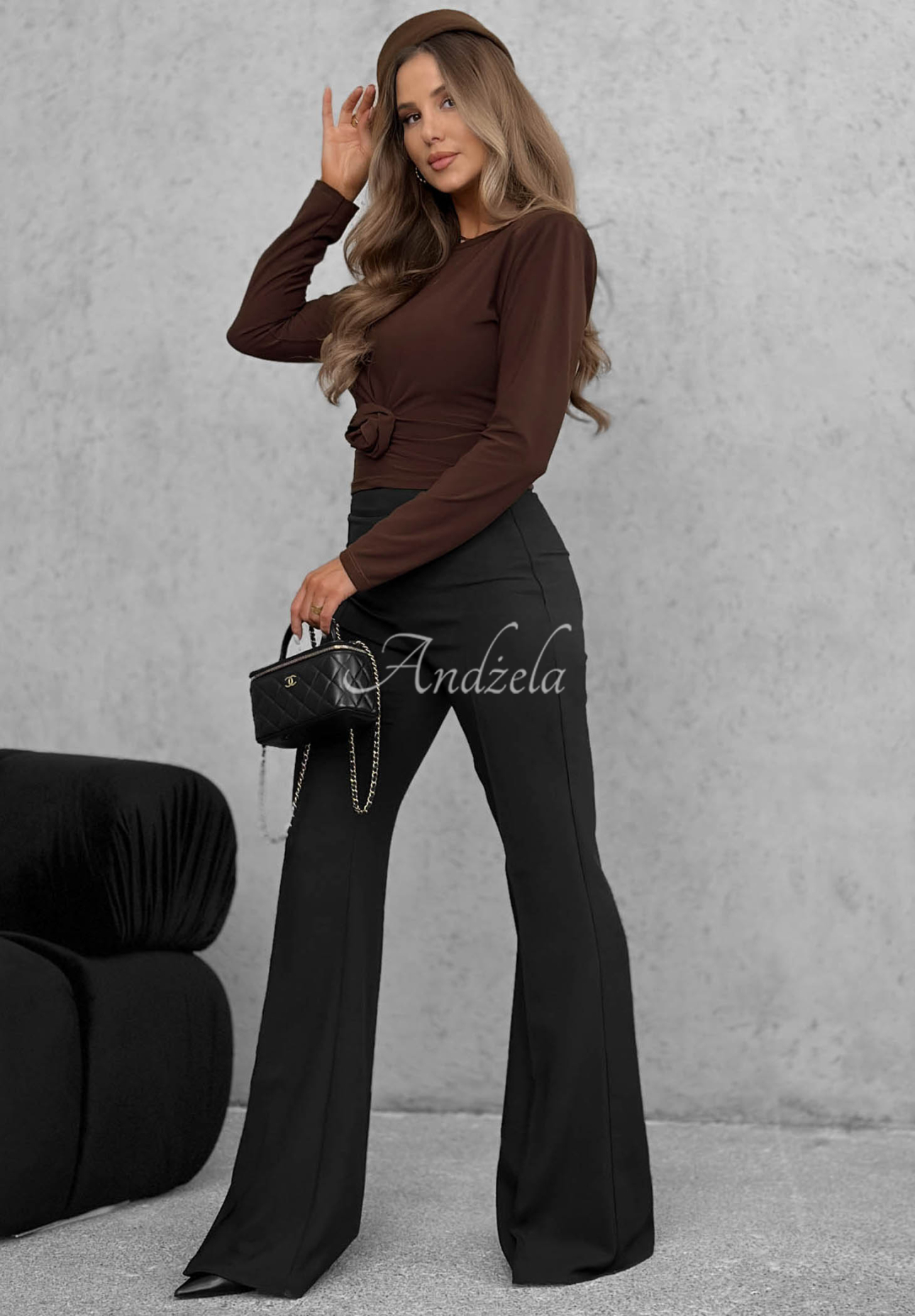 One Second Long-Sleeve Blouse with a Rose, Chocolate Brown