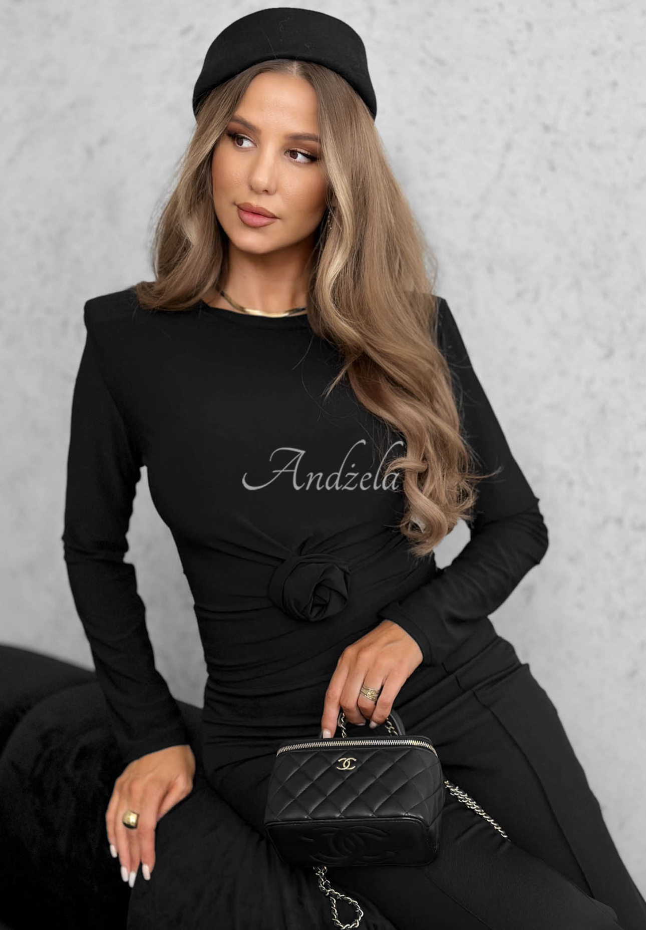 One Second Black Long-Sleeve Blouse with a Rose
