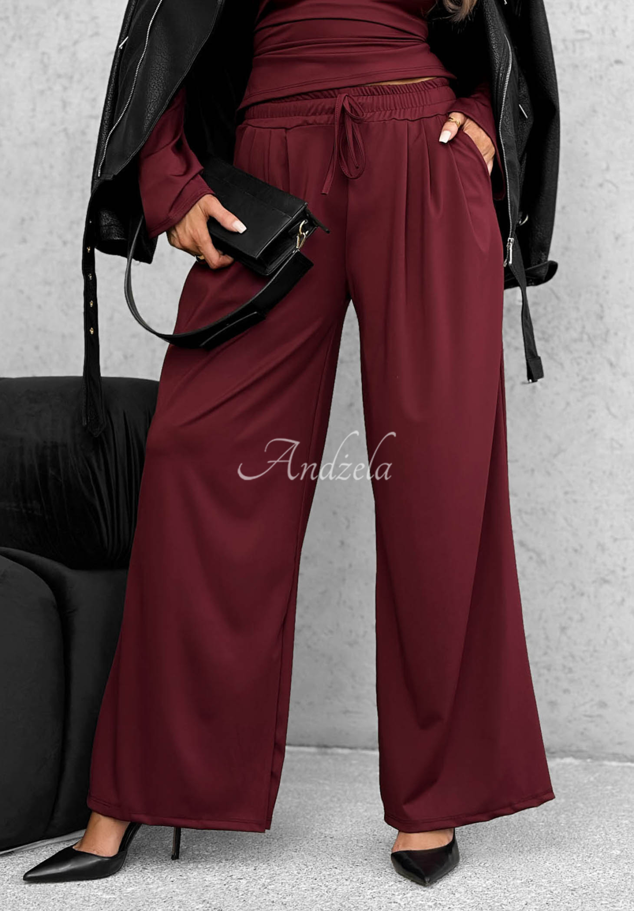 Keep Secret burgundy set: blouse with a tie and wide-leg pants