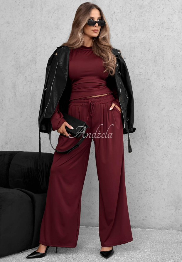 Komplet bluzka z wiązaniem i spodnie wide leg Keep Secret burgundowy