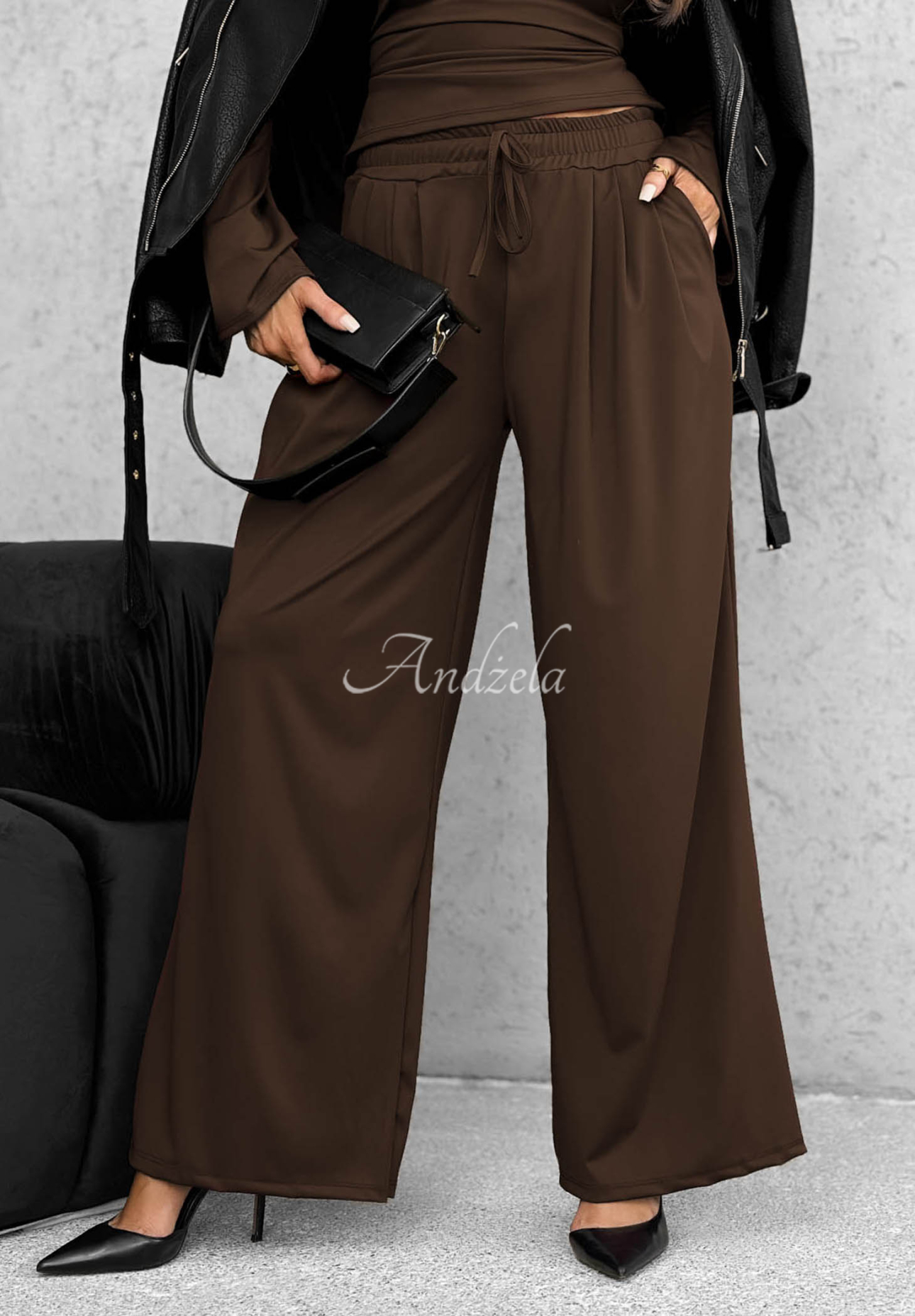 Keep Secret Chocolate-Colored Set: Blouse with Tie Detail and Wide-Leg Pants