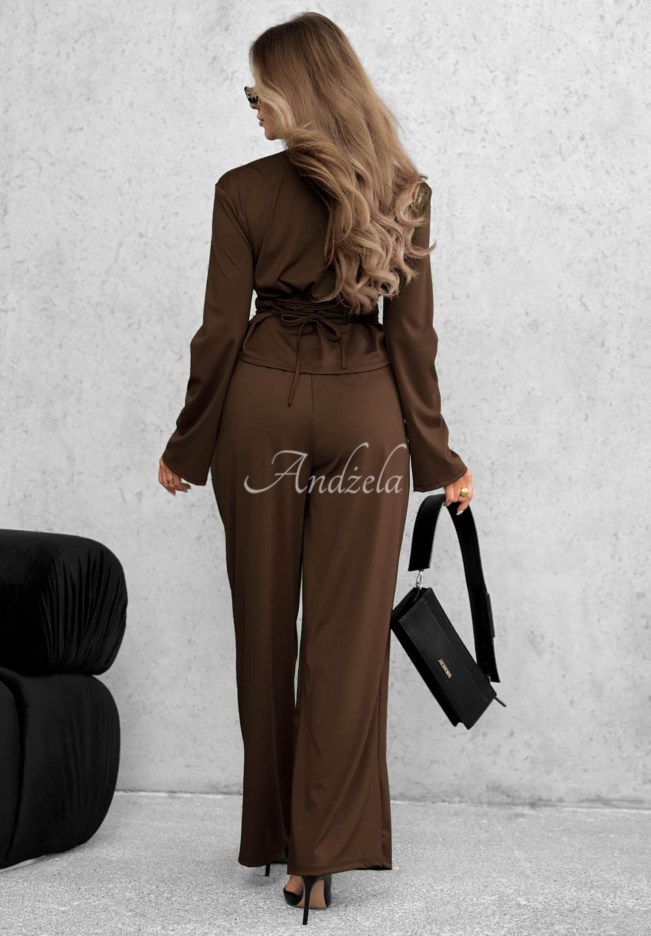 Keep Secret Chocolate-Colored Set: Blouse with Tie Detail and Wide-Leg Pants