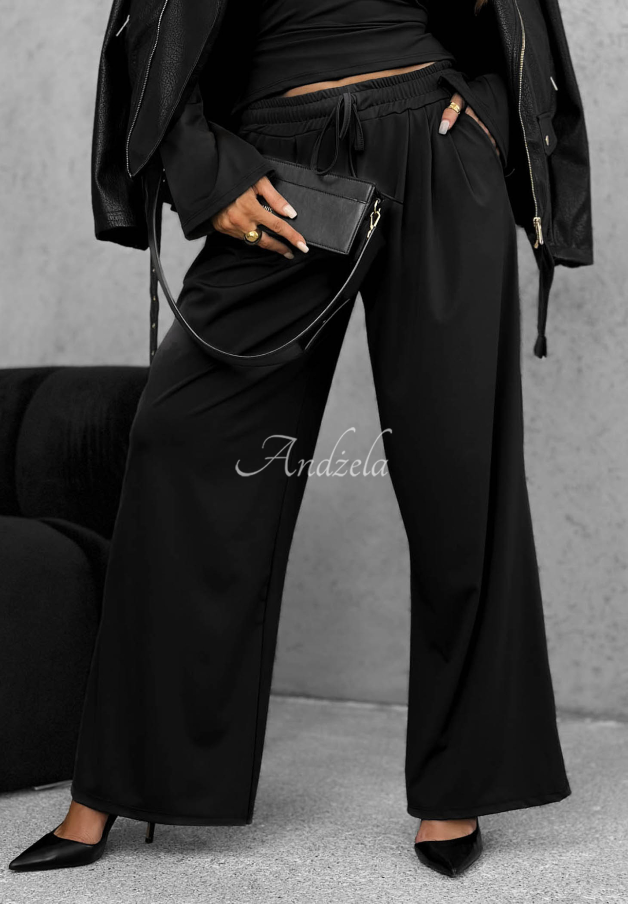 Keep Secret Black Set: Blouse with Tie Detail and Wide-Leg Pants