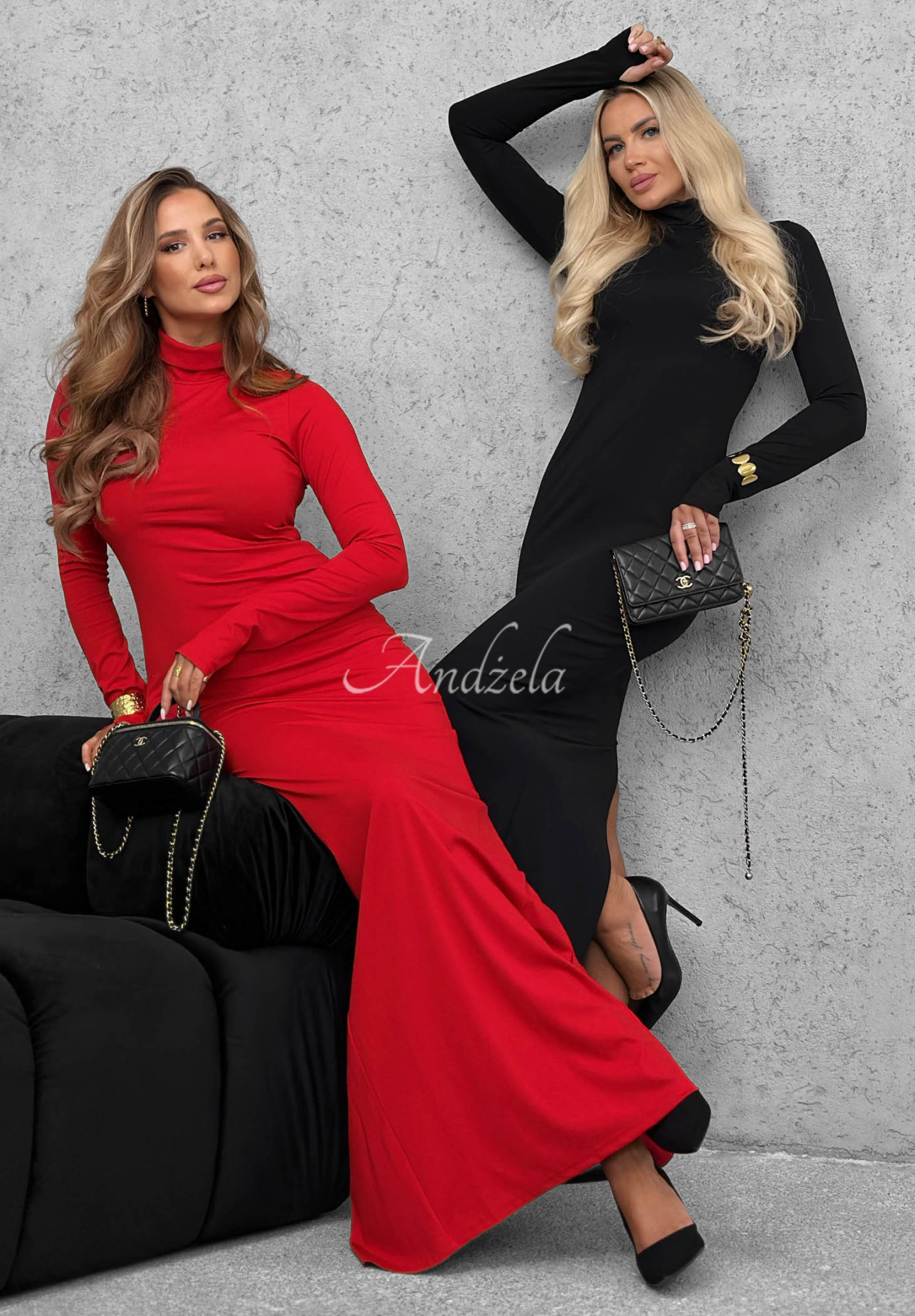 Fitted viscose dress with a turtleneck and slit, "Red Carpet," black