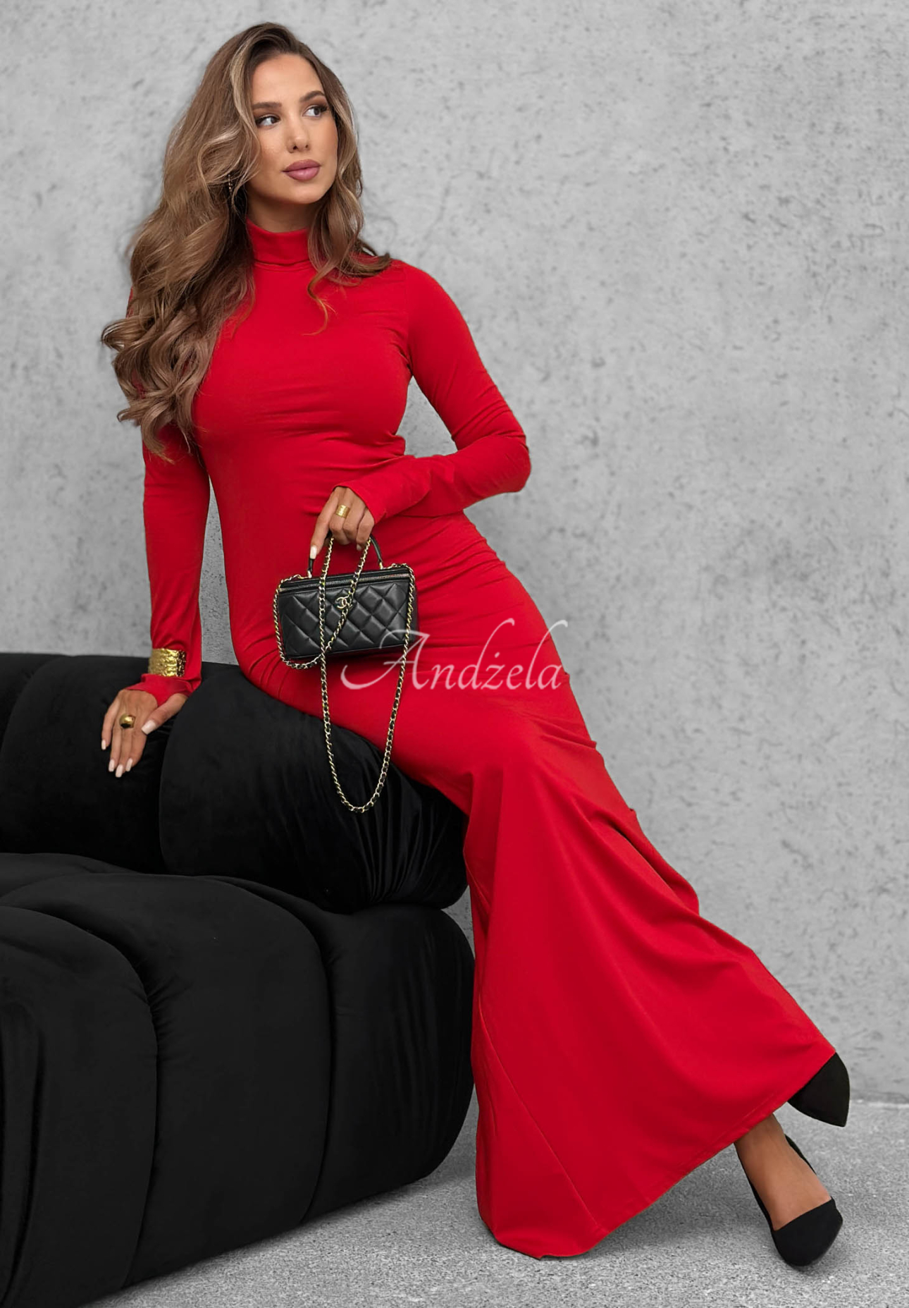 Fitted viscose dress with a turtleneck and slit, "Red Carpet" red