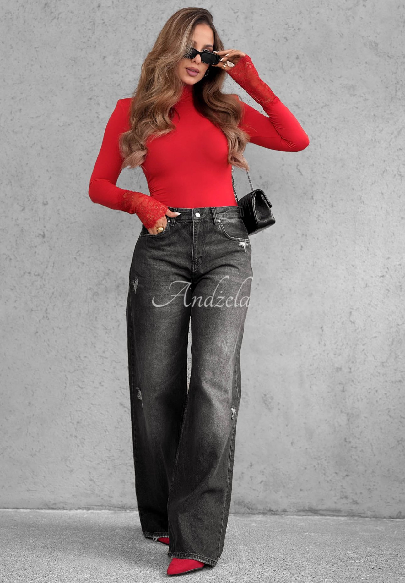 Spodnie jeansowe wide leg z przetarciami Don't Touch szare