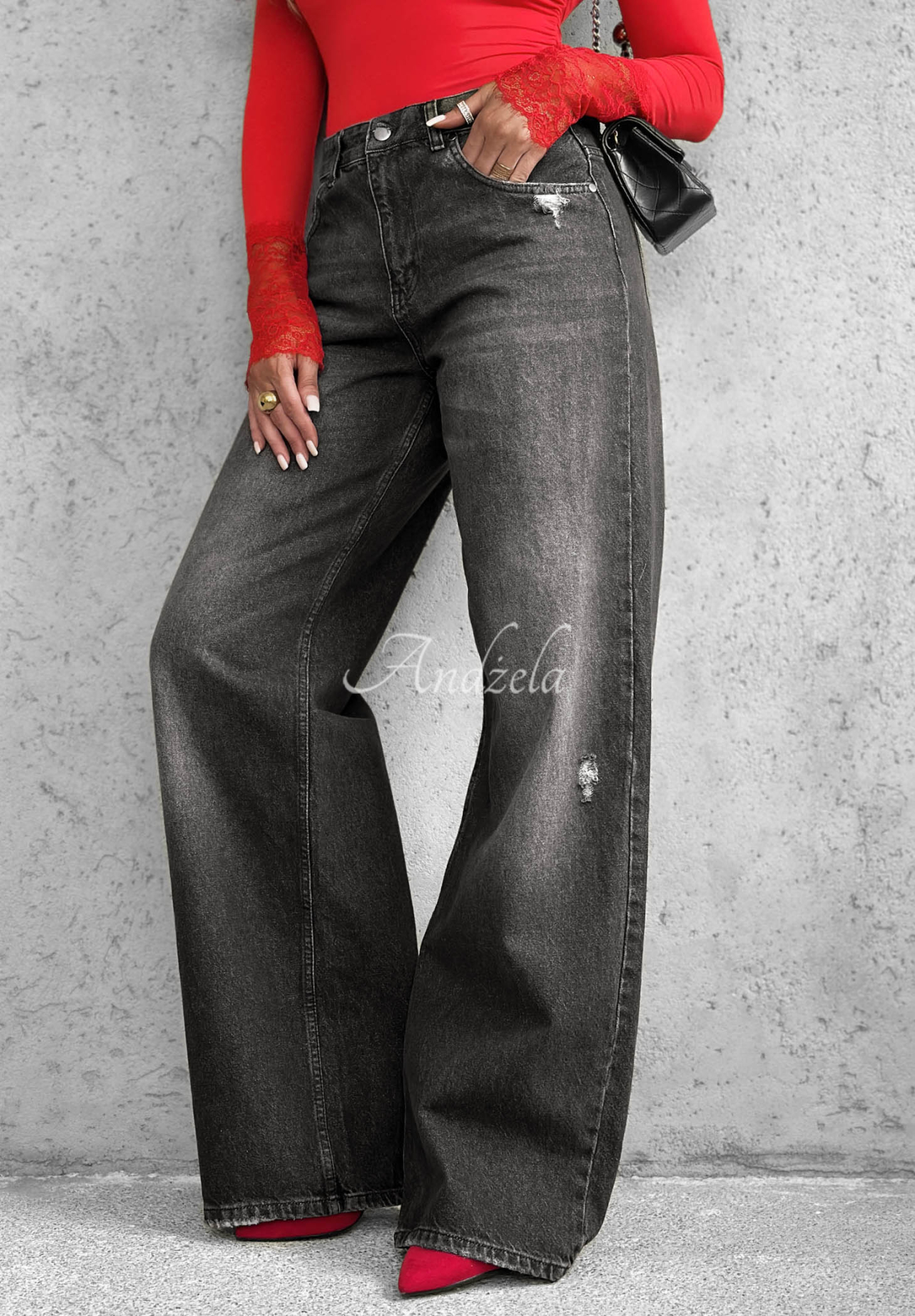 Spodnie jeansowe wide leg z przetarciami Don't Touch szare