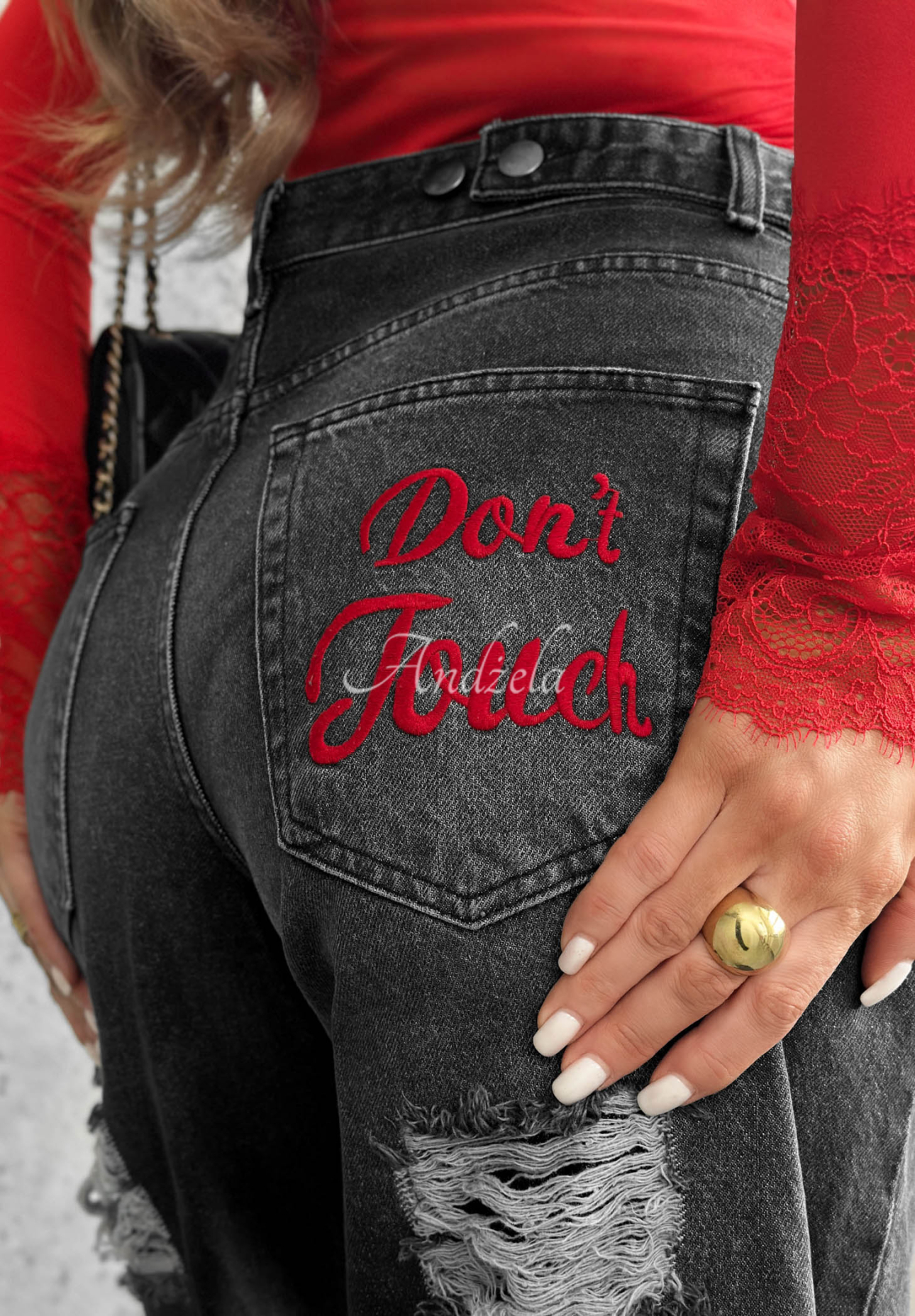 Spodnie jeansowe wide leg z przetarciami Don't Touch szare