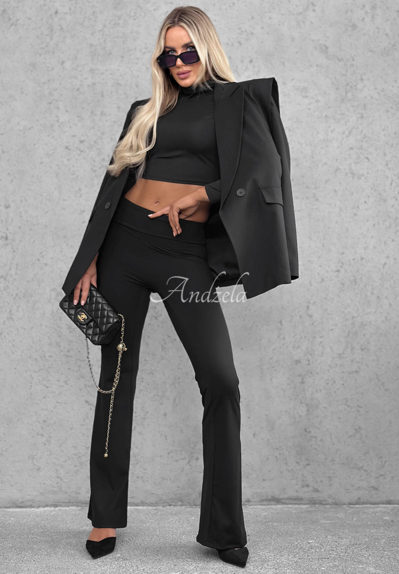 Dopasowane legginsy dzwony z szerokim pasem Perfect Match czarne