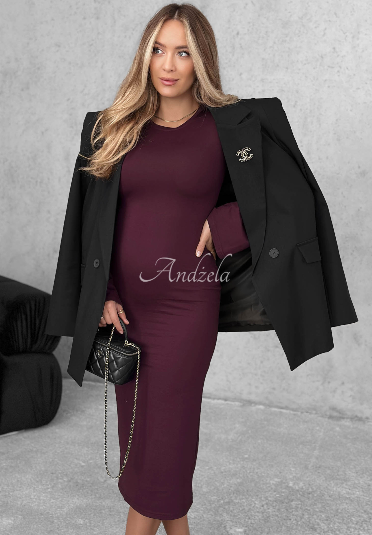 Champagne Nights Berry-Colored Long-Sleeve Bell-Sleeve Viscose Dress