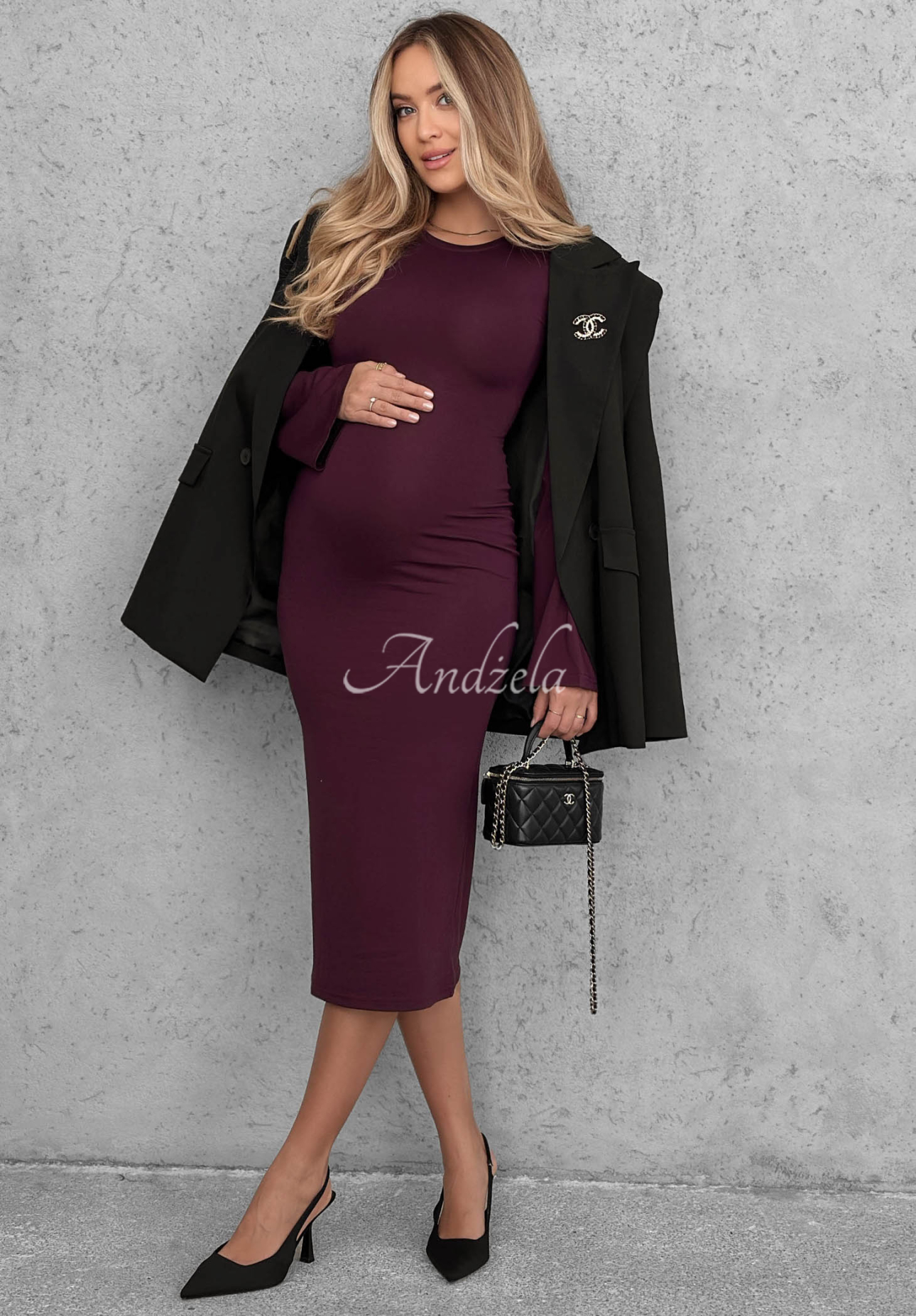 Champagne Nights Berry-Colored Long-Sleeve Bell-Sleeve Viscose Dress