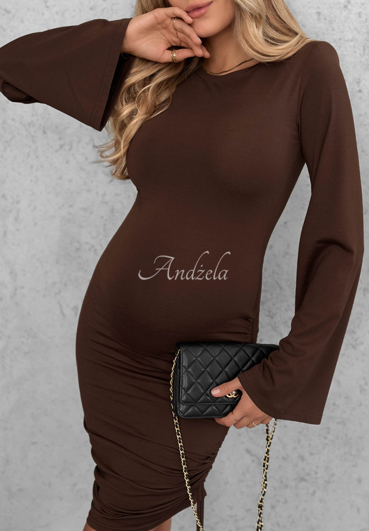 Dancing Alone Chocolate-Colored Viscose Dress with Bell Sleeves and Ribbed Hem