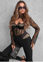 Gorsetowa bluzka z koronki z dekoltem Lace Kiss czarna