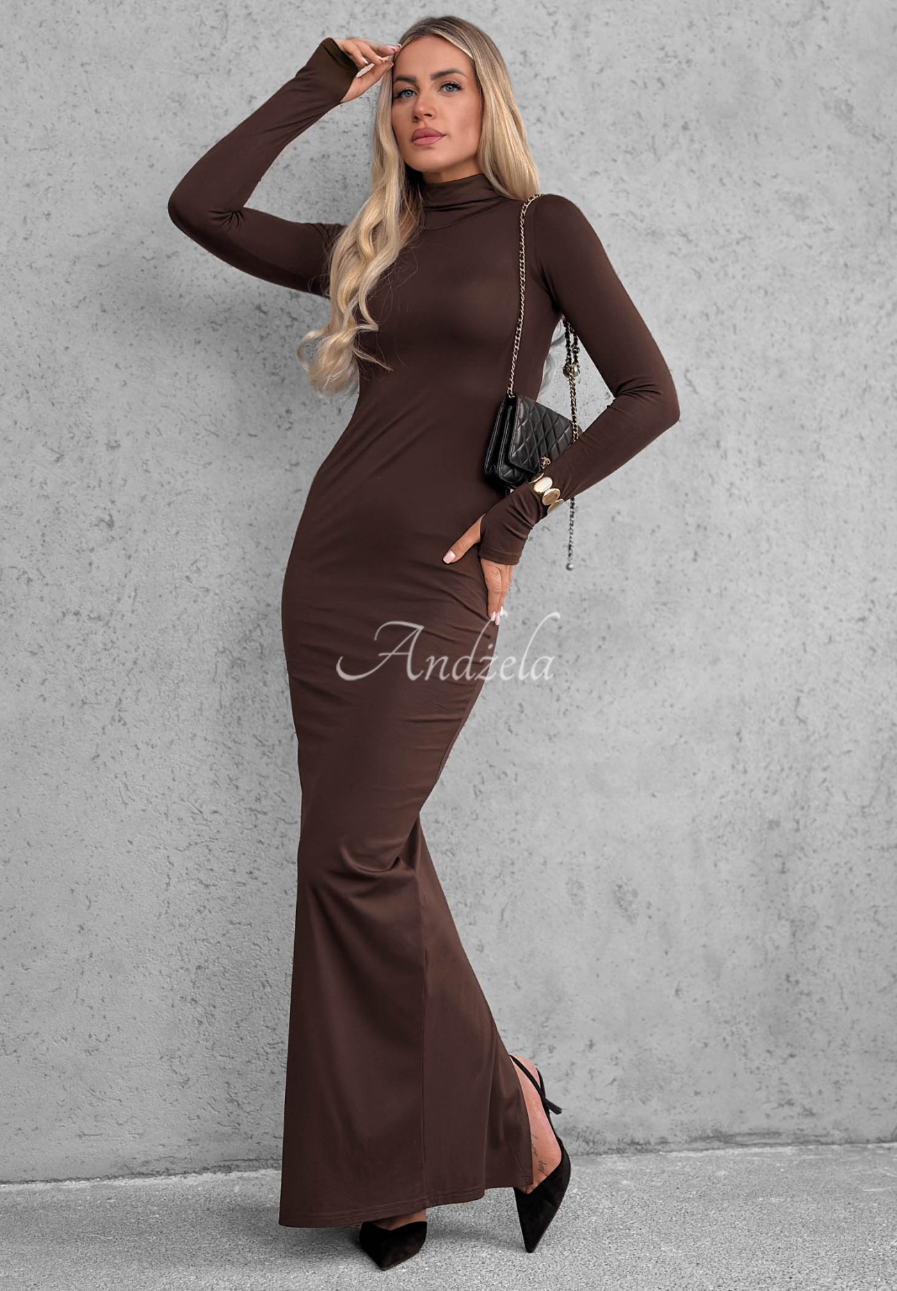 Fitted viscose dress with a turtleneck and slit, "Red Carpet" in chocolate brown