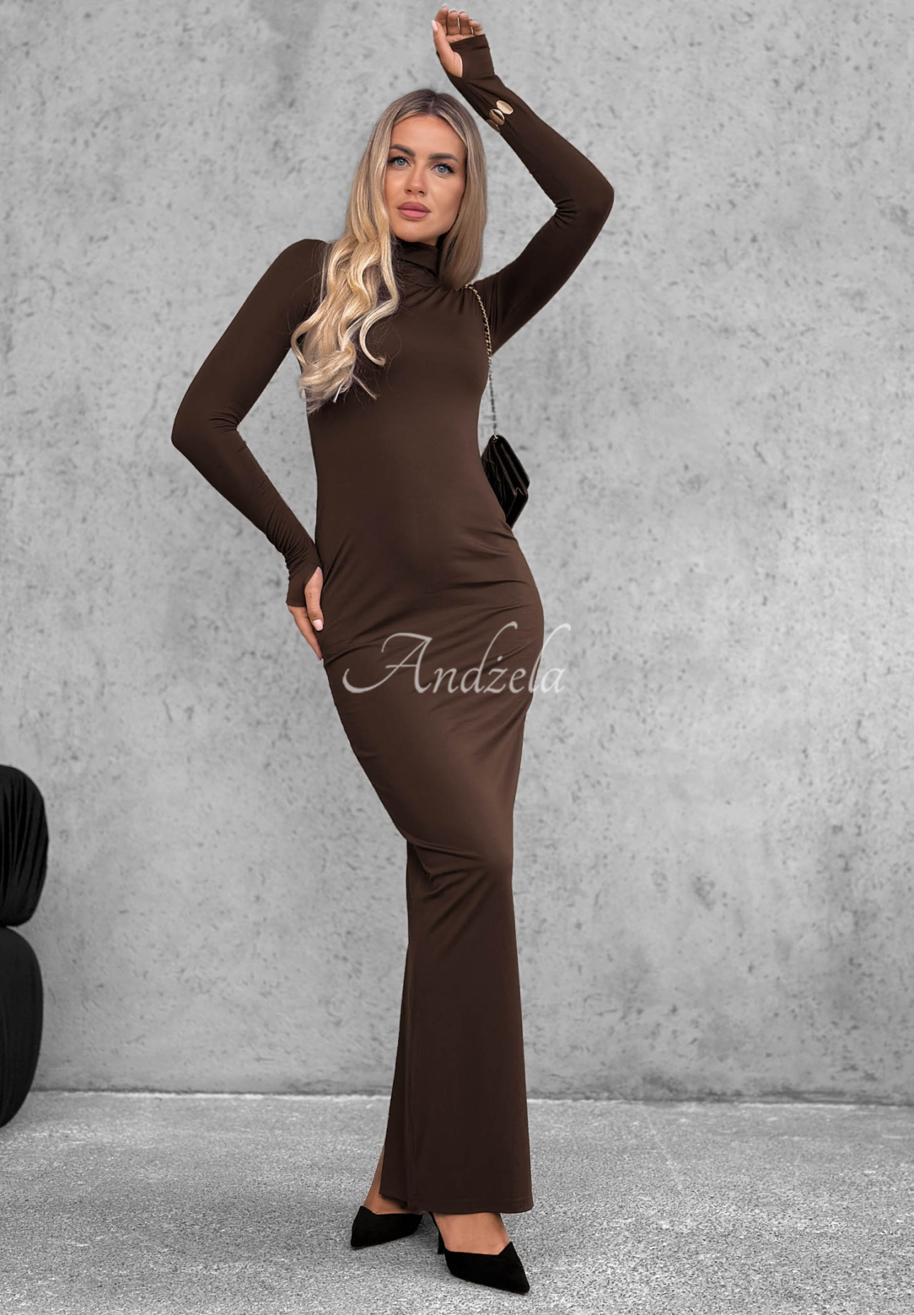 Fitted viscose dress with a turtleneck and slit, "Red Carpet" in chocolate brown