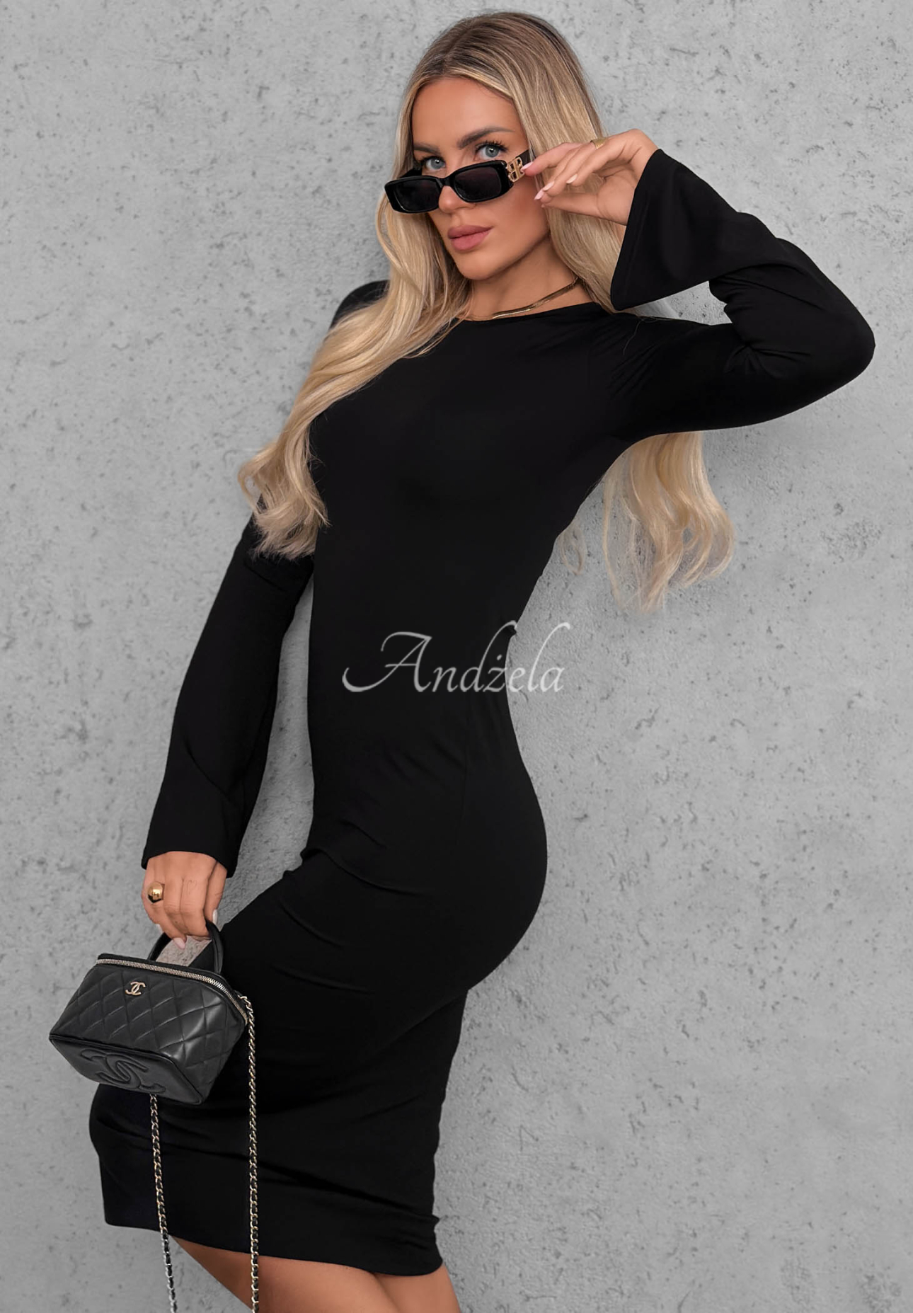 Champagne Nights Black Long-Sleeve Bell-Sleeve Viscose Dress