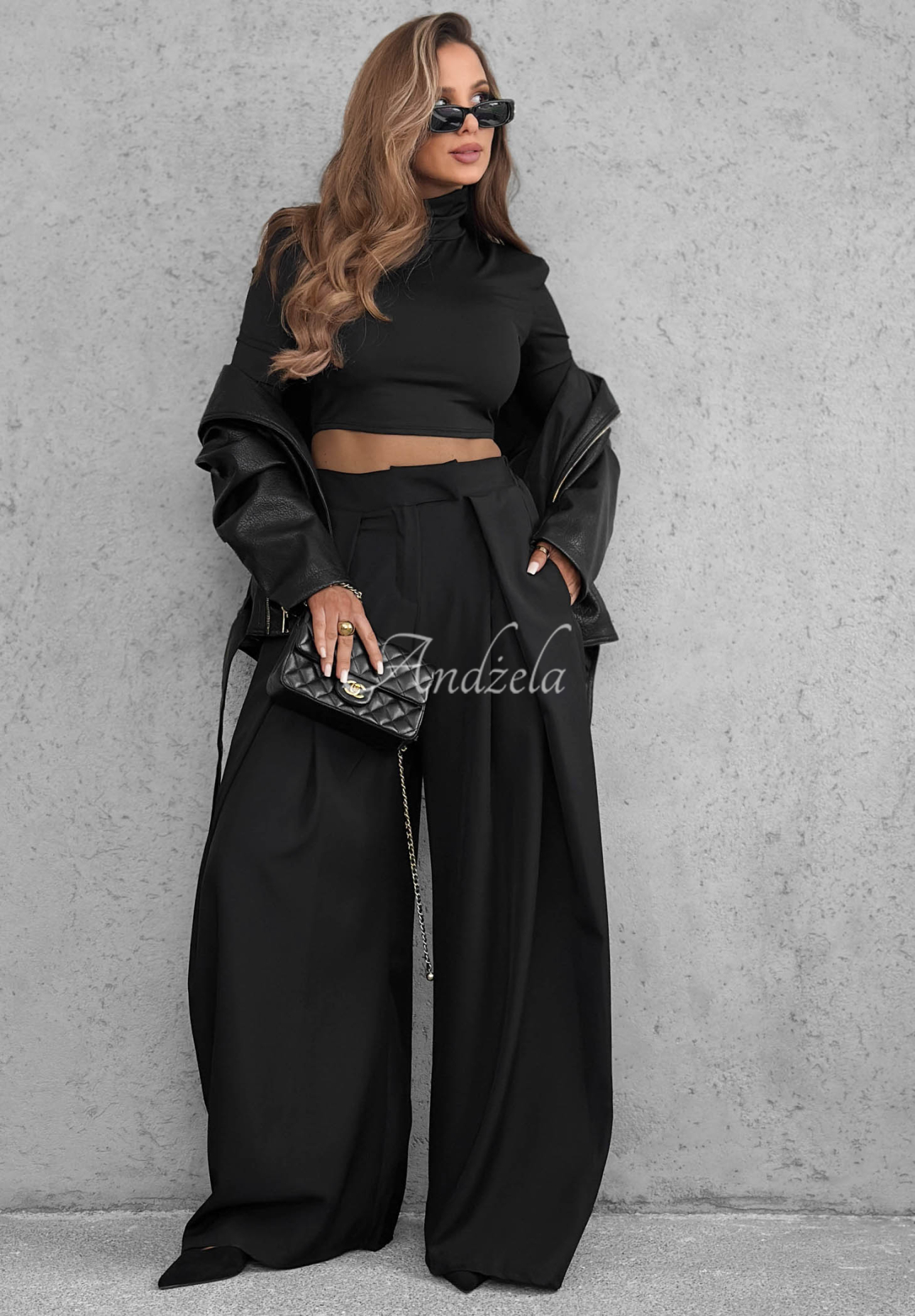 Cloudy Elegance Black Wide-Leg Fabric Pants with Pleats