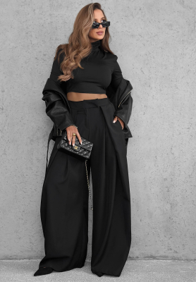 Materiałowe spodnie wide leg z zakładkami Cloudy Elegance czarne