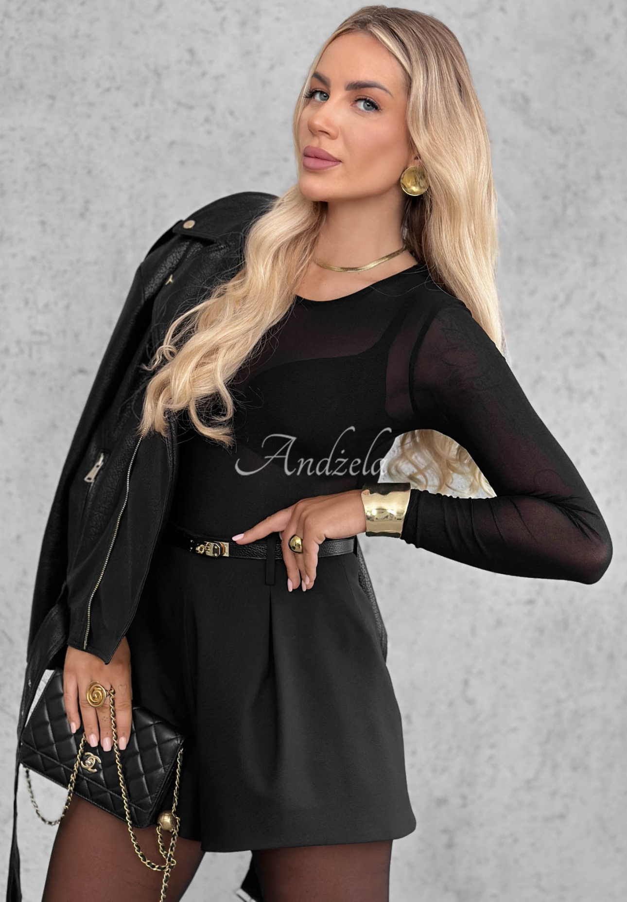 Little Shimmer Black Fitted Long-Sleeve Mesh Bodysuit