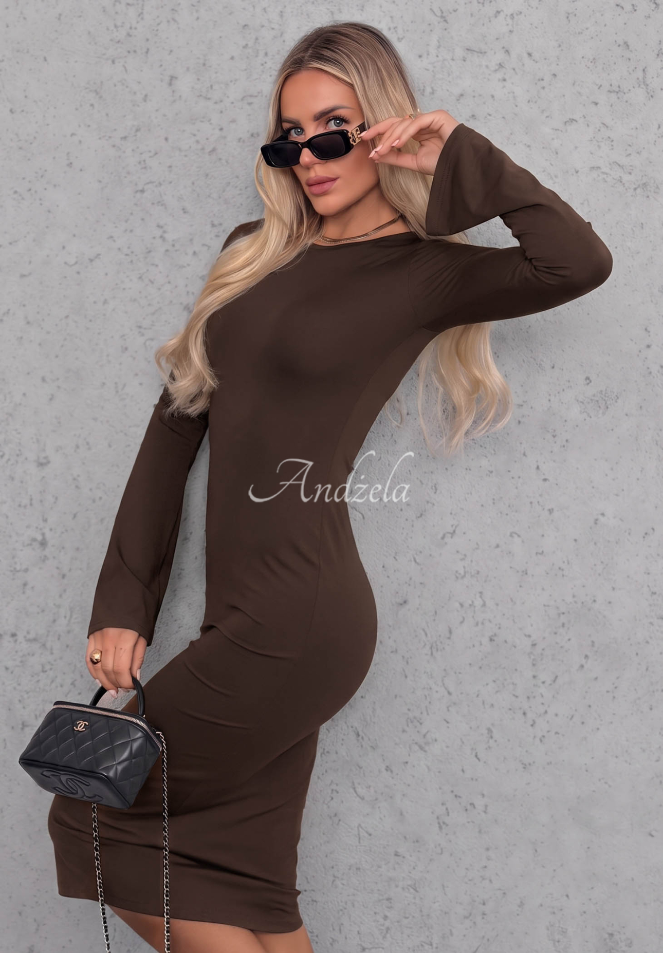 Champagne Nights Chocolate-Colored Long-Sleeve Bell-Sleeve Viscose Dress