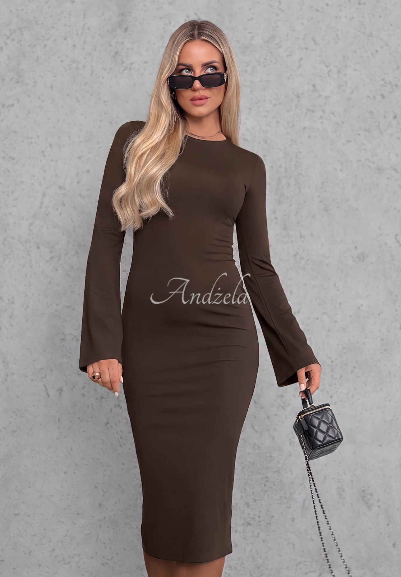 Champagne Nights Chocolate-Colored Long-Sleeve Bell-Sleeve Viscose Dress
