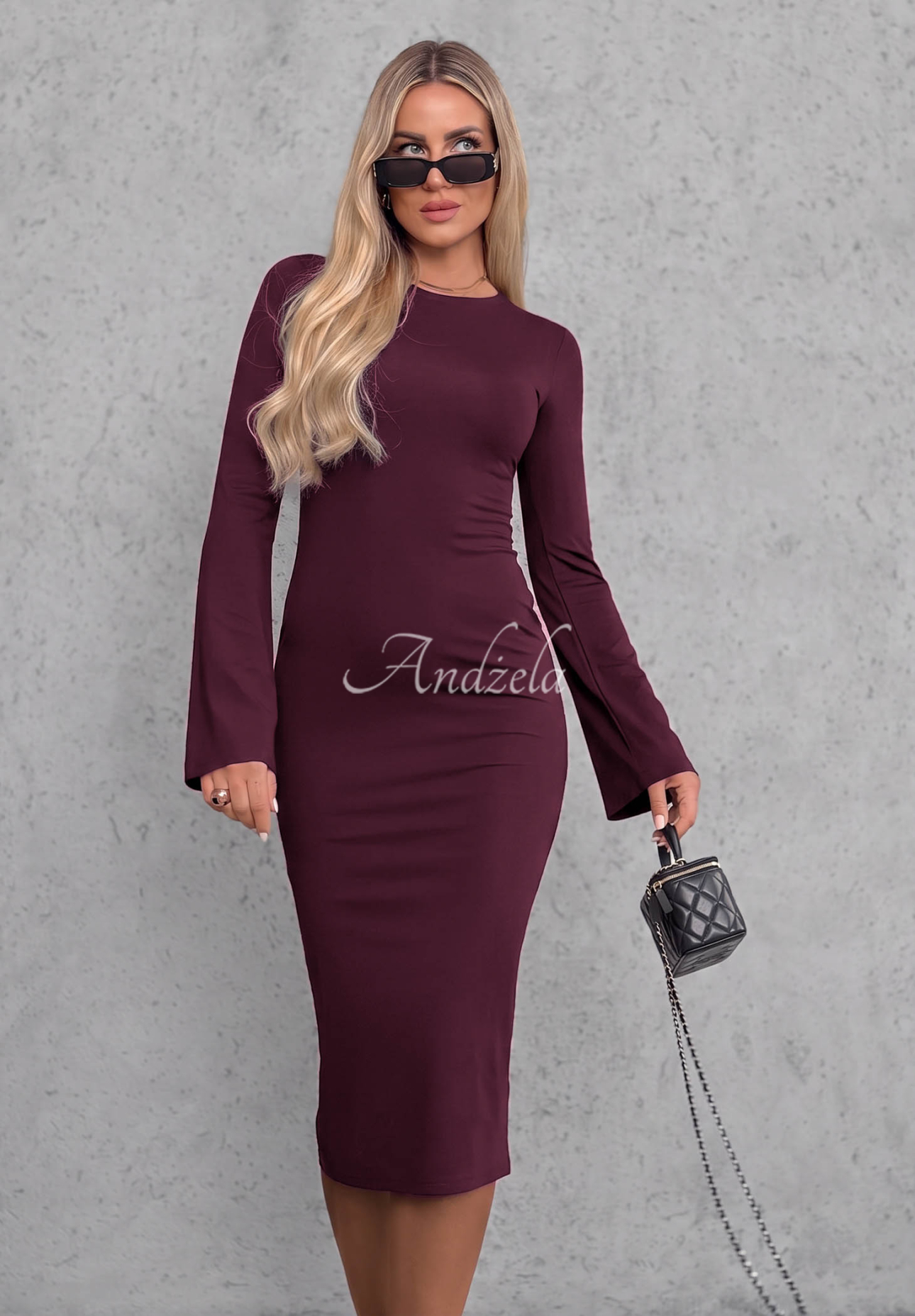 Champagne Nights Berry-Colored Long-Sleeve Bell-Sleeve Viscose Dress
