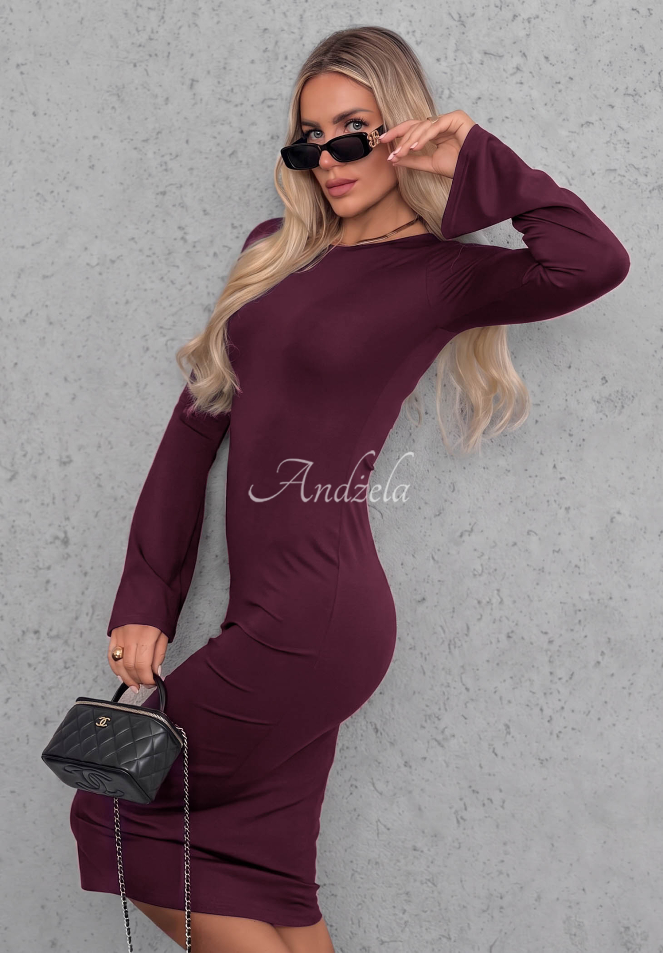 Champagne Nights Berry-Colored Long-Sleeve Bell-Sleeve Viscose Dress