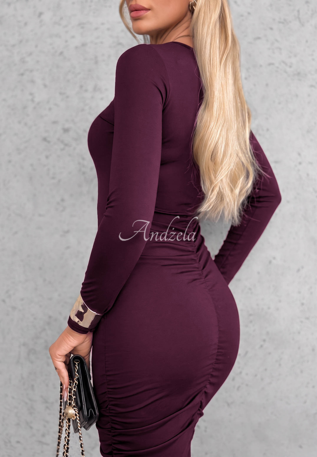 Shadow Berry-Colored Long-Sleeve Viscose Dress with Ruffles