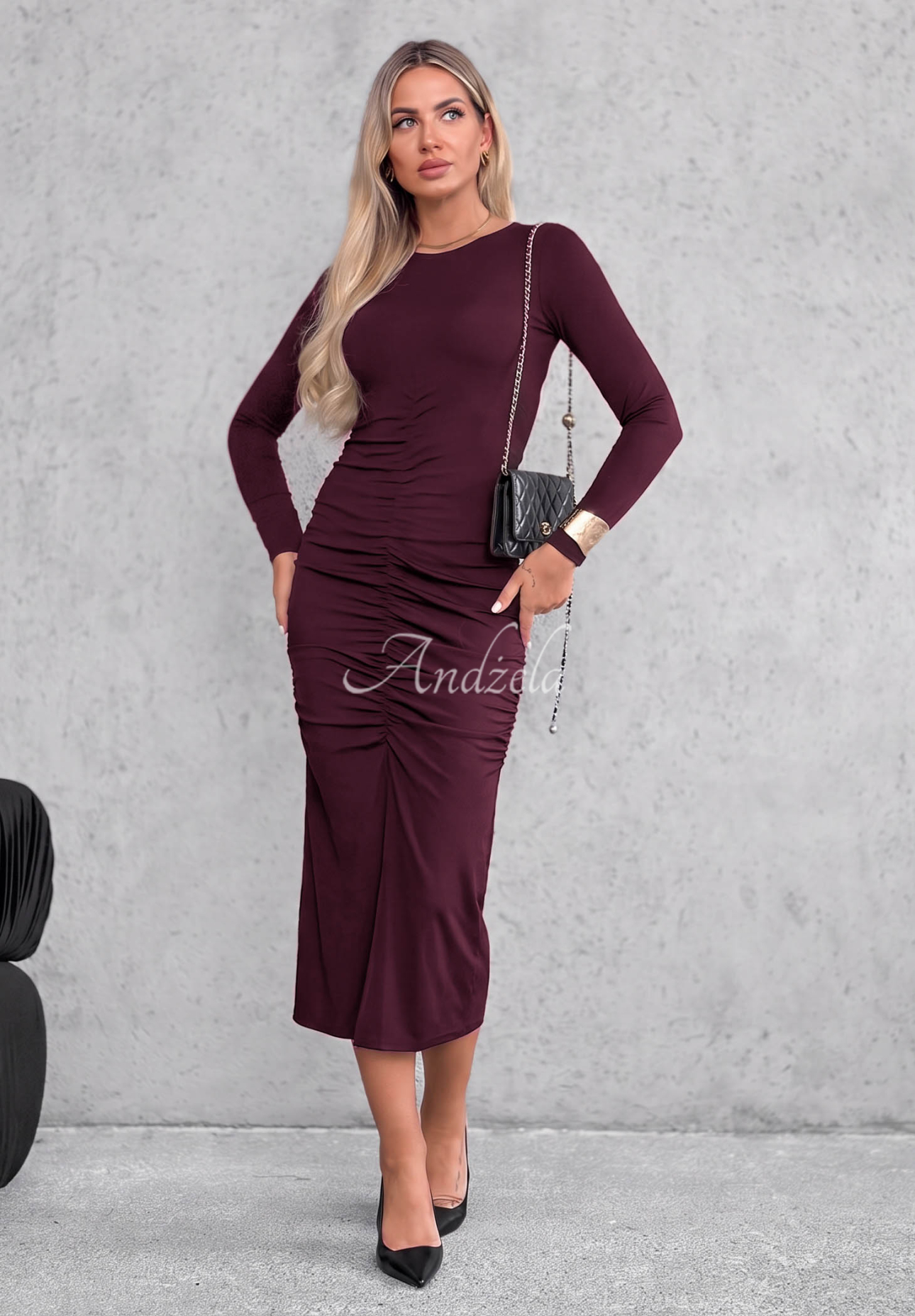 Shadow Berry-Colored Long-Sleeve Viscose Dress with Ruffles