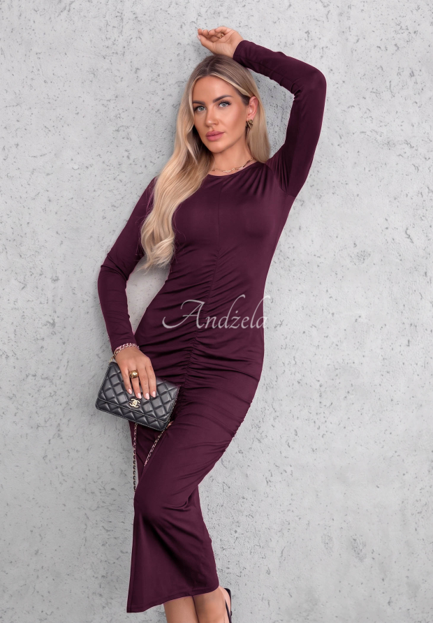 Shadow Berry-Colored Long-Sleeve Viscose Dress with Ruffles