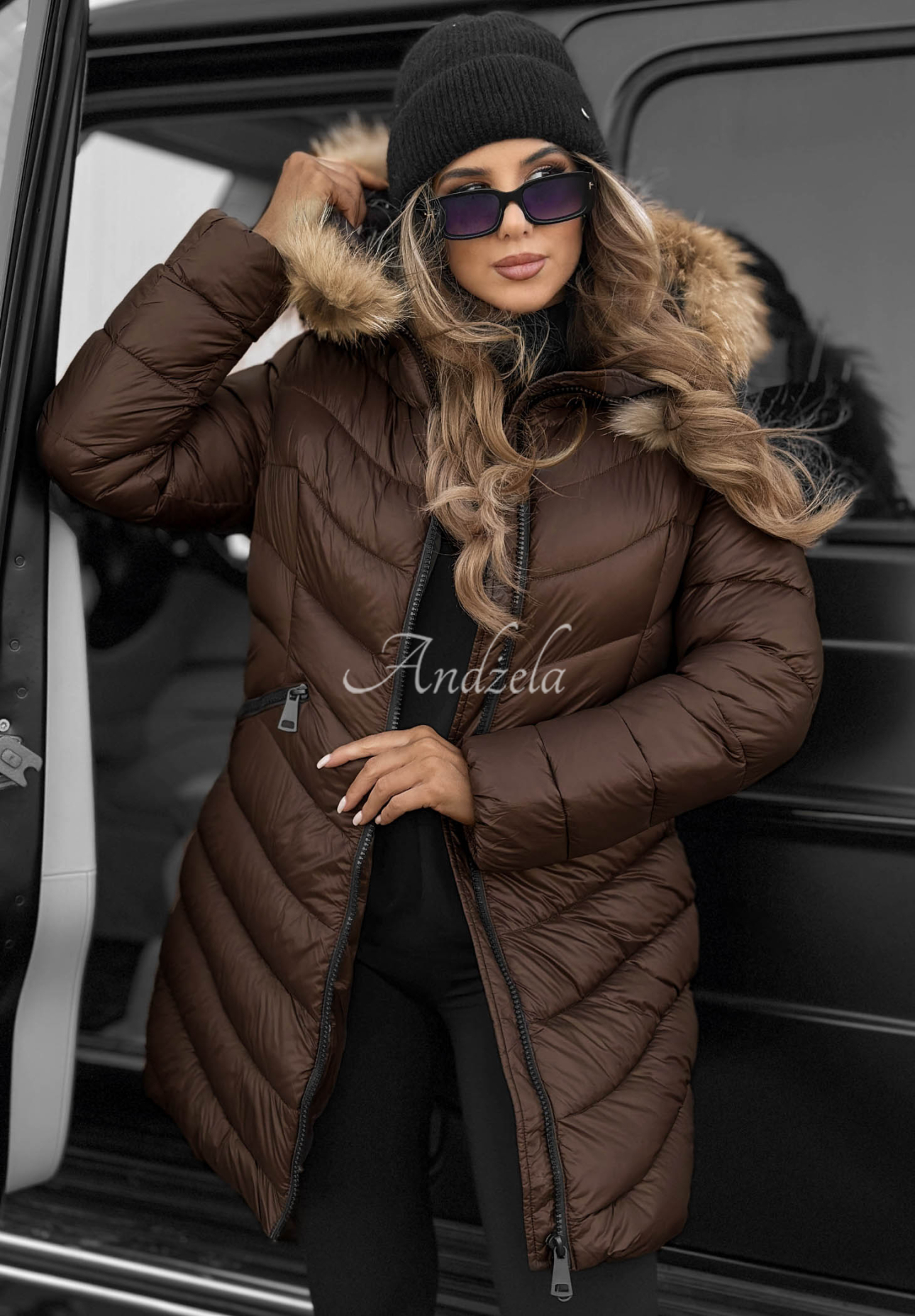 Winter Chocolate-Colored Quilted Hooded Jacket