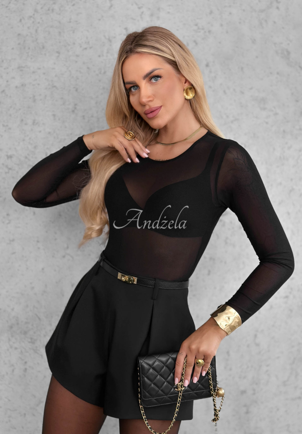 Little Shimmer Black Fitted Long-Sleeve Mesh Bodysuit