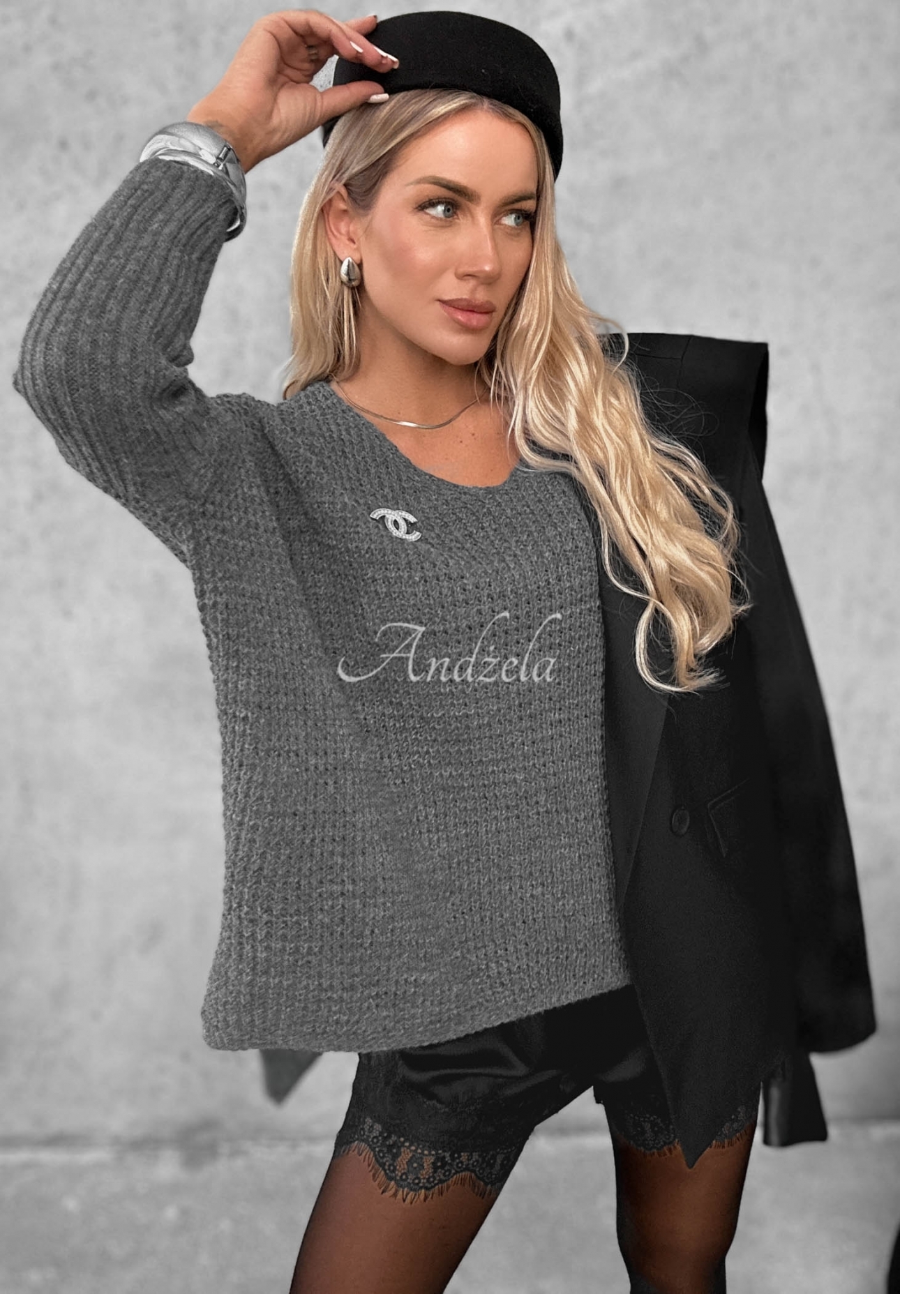 Amber Knit Asymmetrical Oversized Sweater, Gray