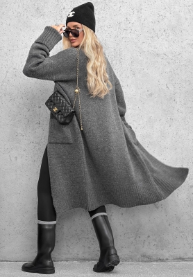 Long, oversized cardigan with pockets, made of Marbelio graphite-colored wool