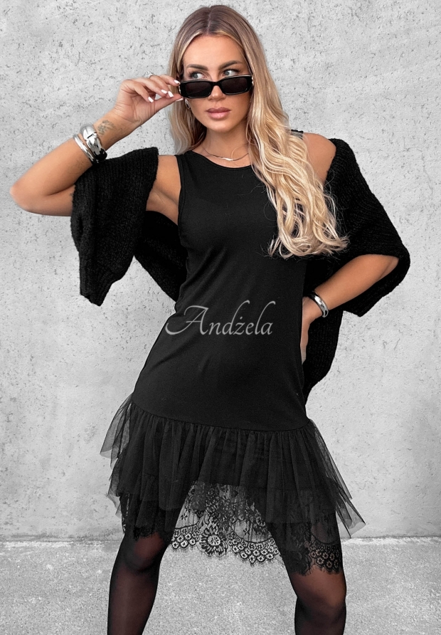 Good Point Black Viscose Slip Dress with Lace