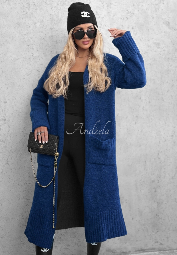 Long, oversized cardigan with pockets, made of Marbelio wool, navy blue